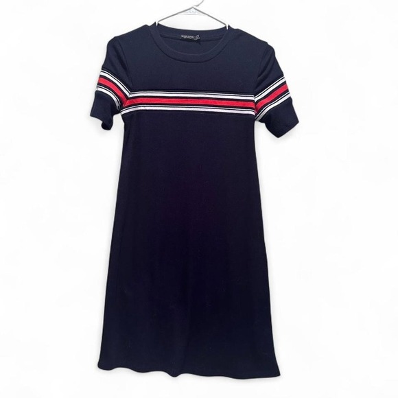 Bershka Navy Blue Striped Knit Jersey Dress Size Small - Picture 2 of 5